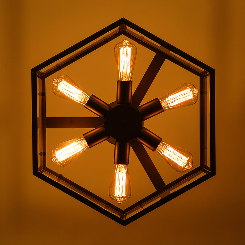 Hexagonal Glass Chandelier Light Fixture Industrial 6 Bulbs Suspension Light in Black