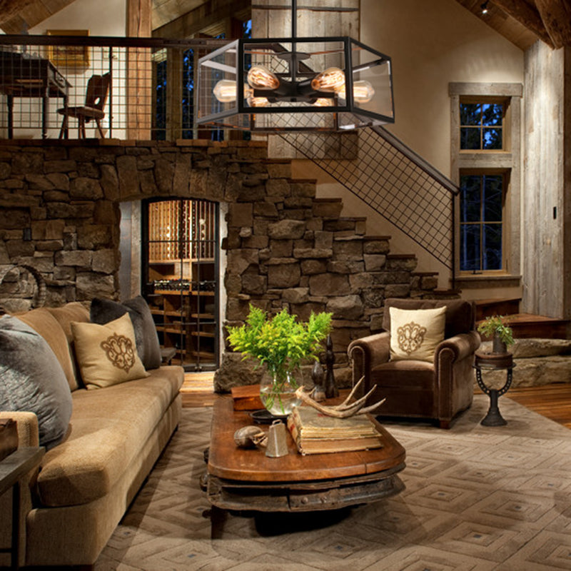 Hexagonal Glass Chandelier Light Fixture Industrial 6 Bulbs Suspension Light in Black