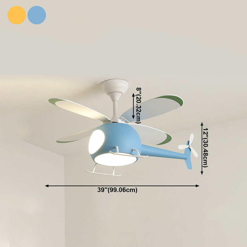Modern Metal Ceiling Fan Lamp Cartoon Semi Flush Ceiling Light Fixtures with 4 Fan Blade