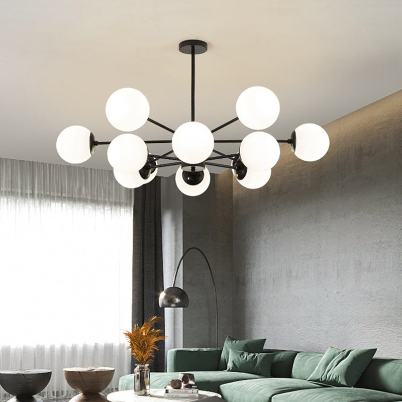 Nordic Globe Chandelier Black Multi Light Hanging Light with White Glass for Bedroom