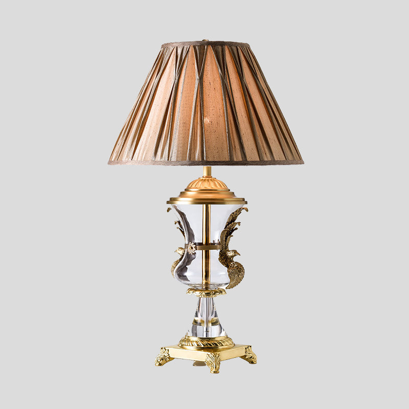 Eigentijdse gebogen bureaulamp helder kristal 1-lamps nachttafellamp in lichtbruin