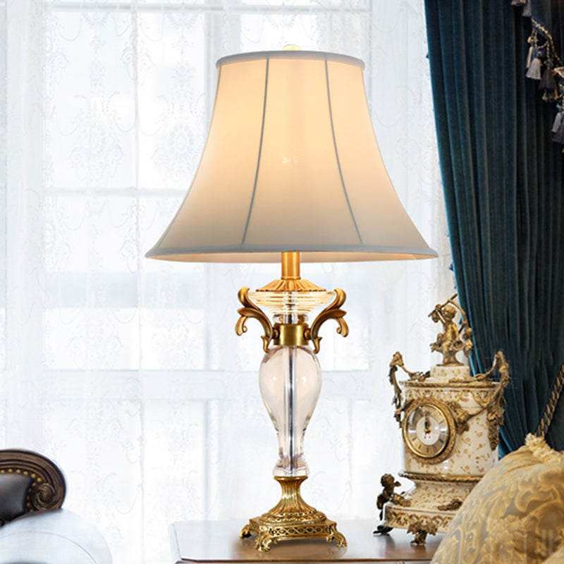 Bell Study Lamp Modern Fabric 1 Bulb White Task Light with Carved Brass Metallic Base