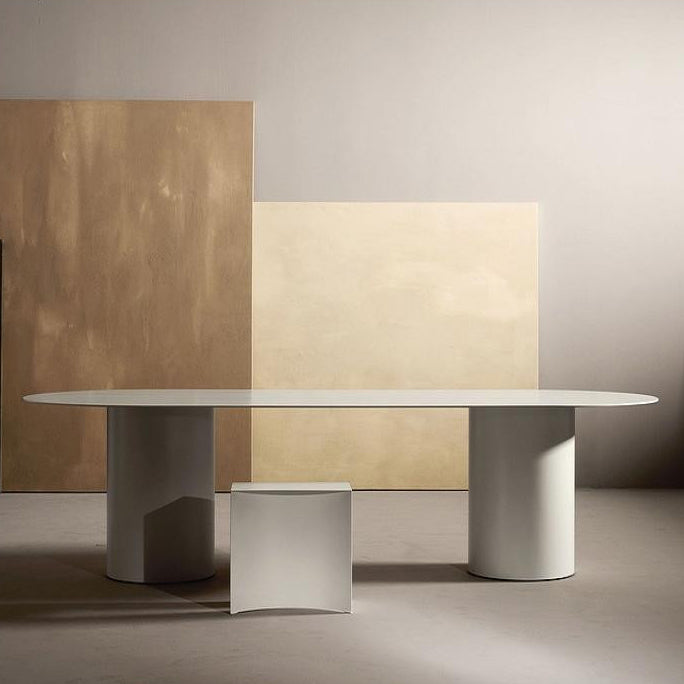 Modern Solid Wood Table for Restaurant Oval Dining Table in White with Double Pedestal
