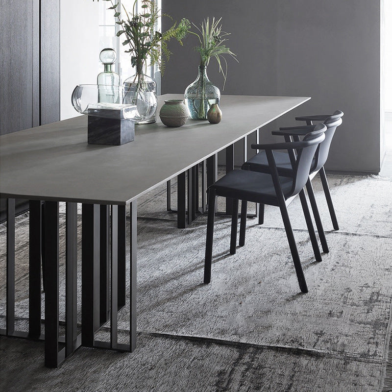 Mesa de comedor industrial de piedra sinterizada Mesa rectangular con pedestal doble de metal