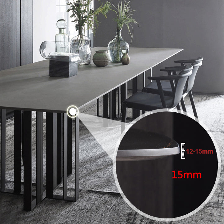 Mesa de comedor industrial de piedra sinterizada Mesa rectangular con pedestal doble de metal