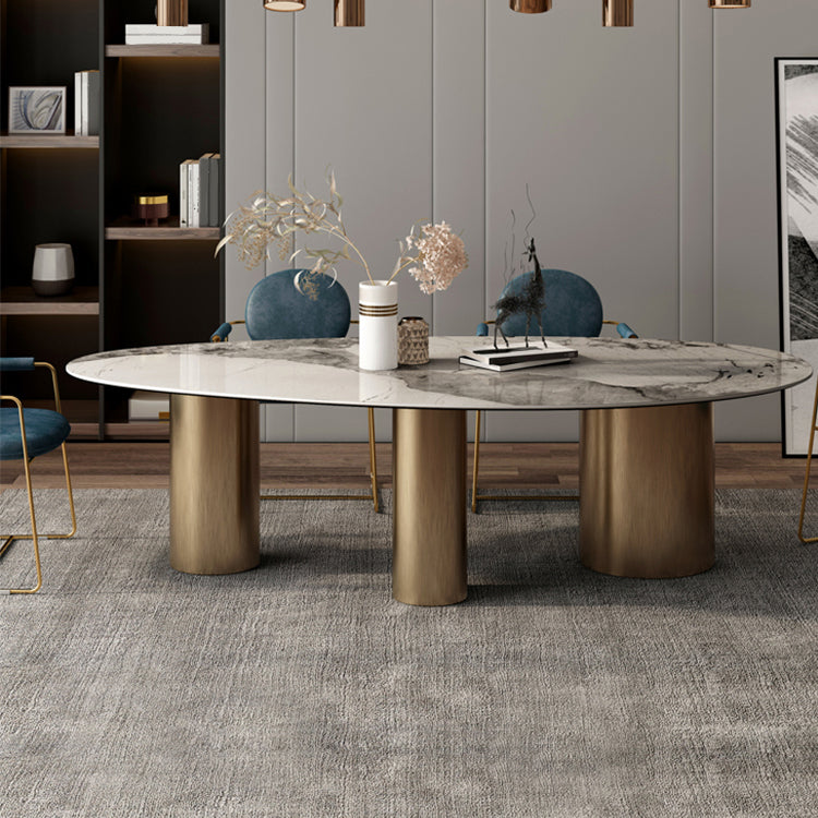 Oval Traditional Luxury Dining Table White Sintered Stone Table with 3 Metal Legs