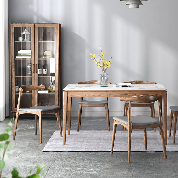 Mesa de comedor moderna rectangular de mediados de siglo Mesa de piedra sinterizada con 4 patas de madera maciza