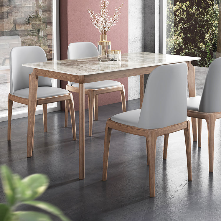 Rectangle Mid-Century Modern Dining Table Sintered Stone Table with 4 Solid Wood Legs