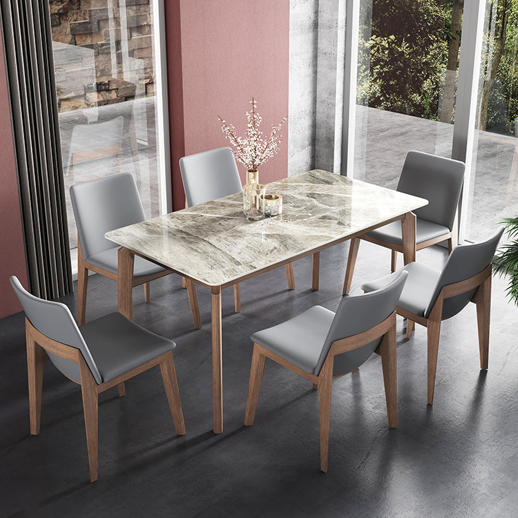 Rectangle Mid-Century Modern Dining Table Sintered Stone Table with 4 Solid Wood Legs
