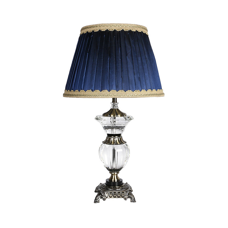 Tapered Drum Crystal Desk Light Contemporary Fabric 1 Head Night Table Lamp in Blue