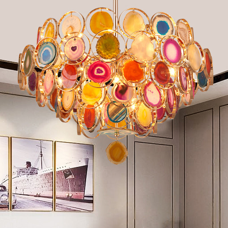 Gouden 5-laags plafond hanger Modern 12-licht metalen kroonluchter licht met kleurrijke agates