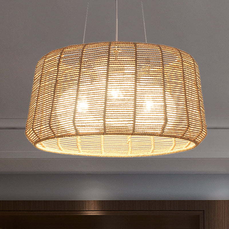 Rope Drum/Teardrop Ceiling Lamp Modern 1 Bulb Hanging Pendant Light in Wood for Living Room