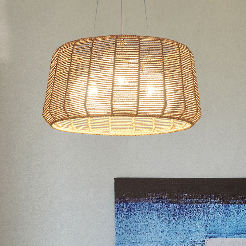 Rope Drum/Teardrop Ceiling Lamp Modern 1 Bulb Hanging Pendant Light in Wood for Living Room