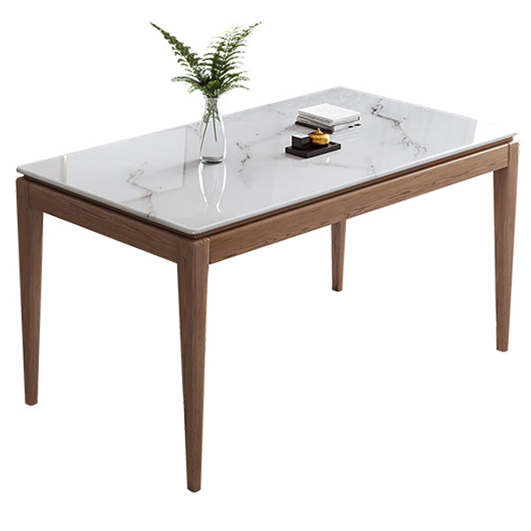 Rectangle Mid-Century Modern Dining Table White Sintered Stone Table with 4 Ash Solid Wood Legs