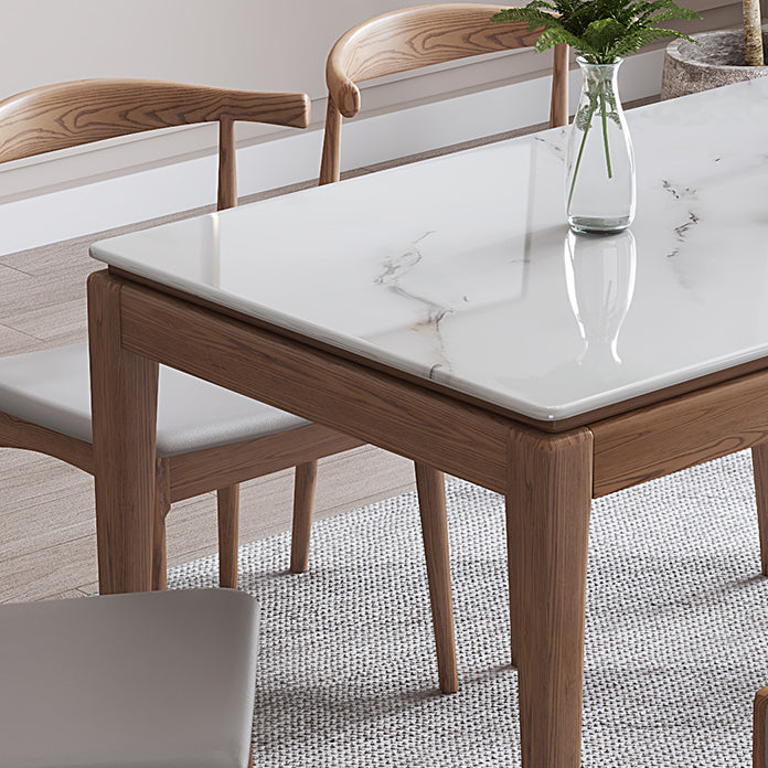 Rectangle Mid-Century Modern Dining Table White Sintered Stone Table with 4 Ash Solid Wood Legs