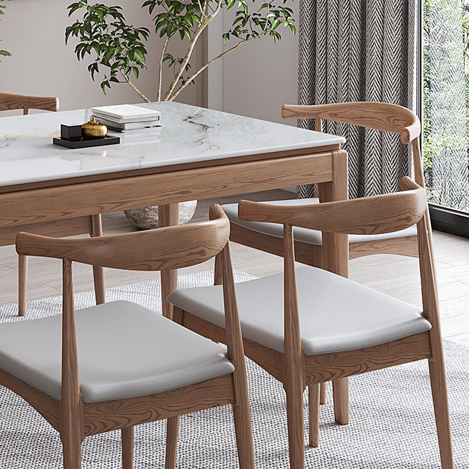 Rectangle Mid-Century Modern Dining Table White Sintered Stone Table with 4 Ash Solid Wood Legs