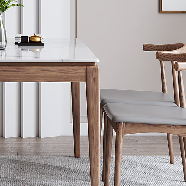 Rectangle Mid-Century Modern Dining Table White Sintered Stone Table with 4 Ash Solid Wood Legs