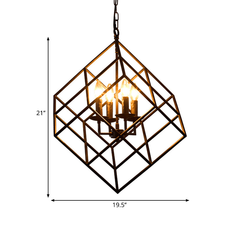 Metal Wire Square Chandelier Light Industrial 4 luces Black Hanging Techo Light para restaurante