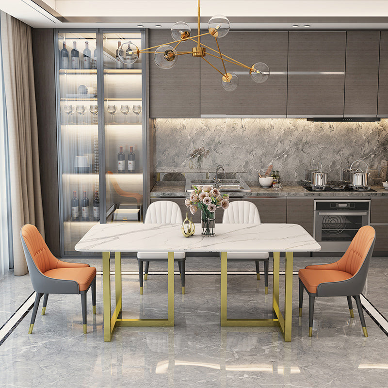 Rectangle Traditional Luxury Dining Table White Sintered Stone Table with Gold Double Pedestal