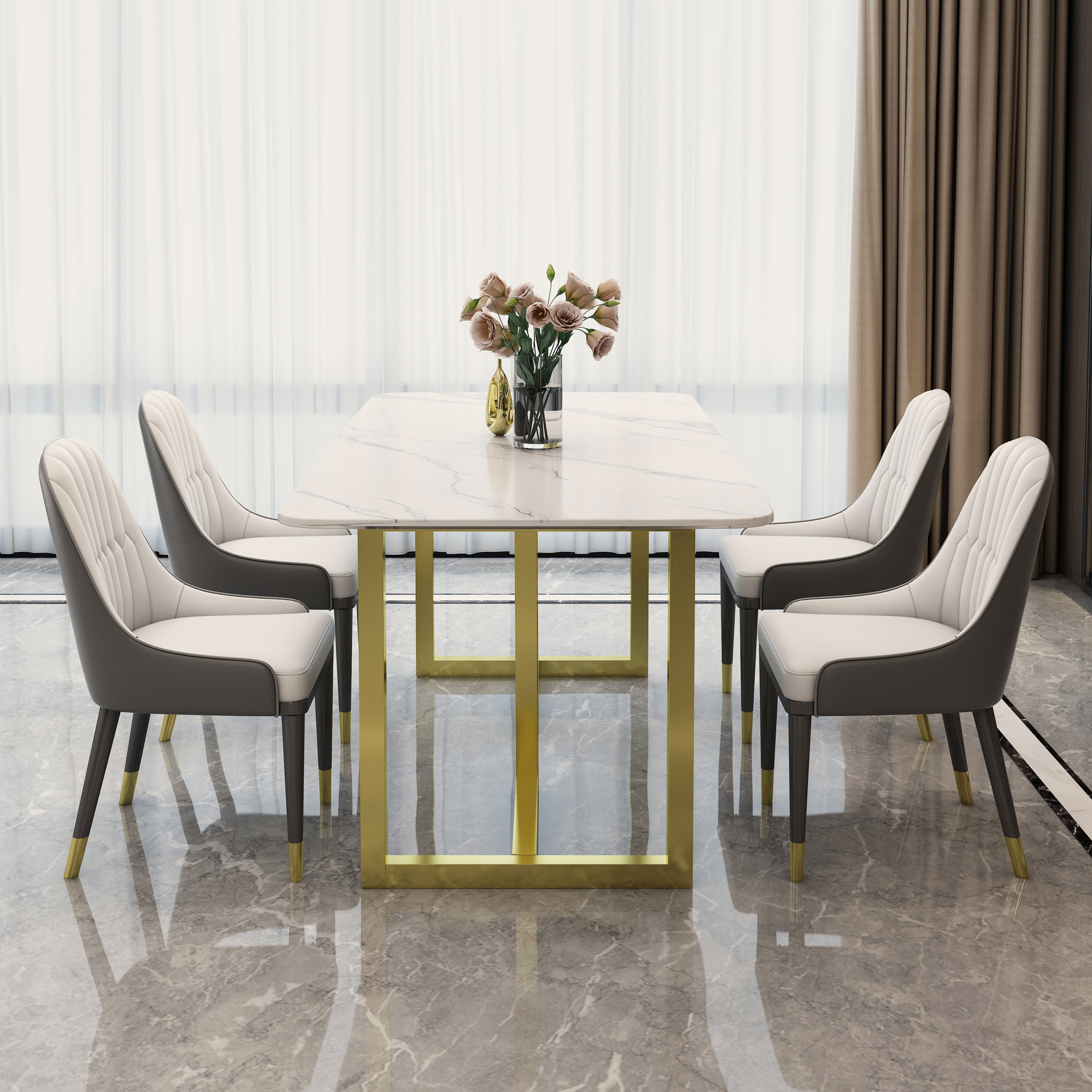 Rectangle Traditional Luxury Dining Table White Sintered Stone Table with Gold Double Pedestal