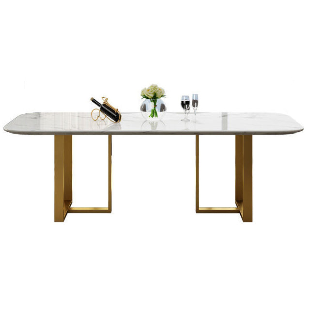 Rectangle Traditional Luxury Dining Table White Sintered Stone Table with Gold Double Pedestal