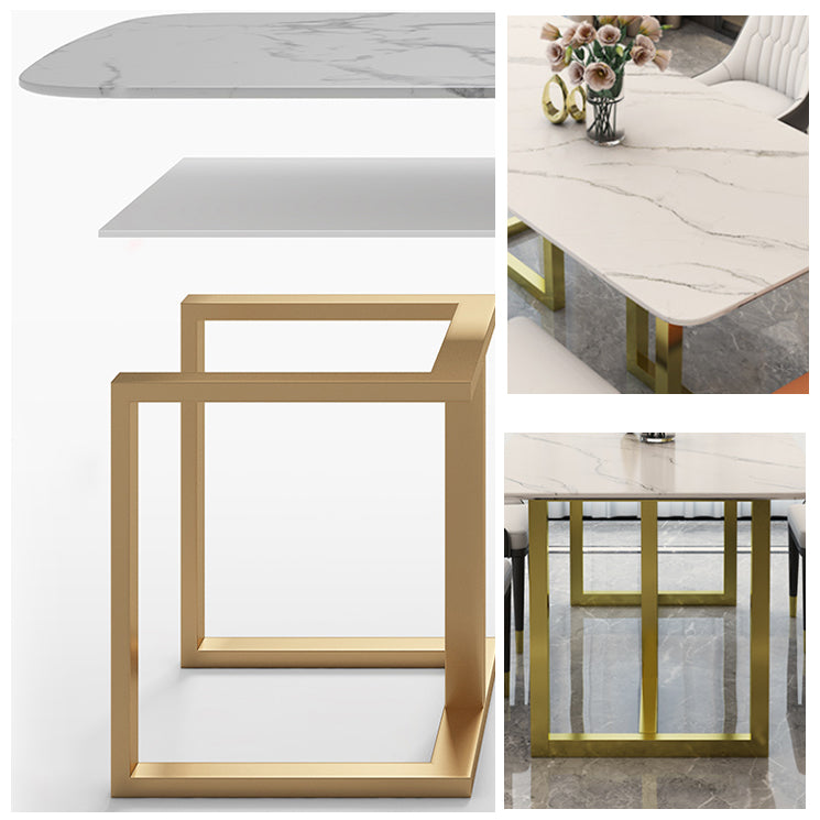 Rectangle Traditional Luxury Dining Table White Sintered Stone Table with Gold Double Pedestal
