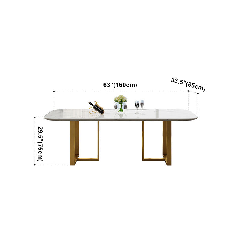 Rectangle Traditional Luxury Dining Table White Sintered Stone Table with Gold Double Pedestal