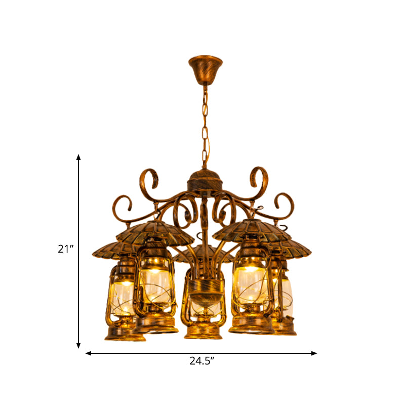 Aged Brass Lantern Suspension Light Village Style Metal and Clear Glass 5 Light Dining Room Chandelier