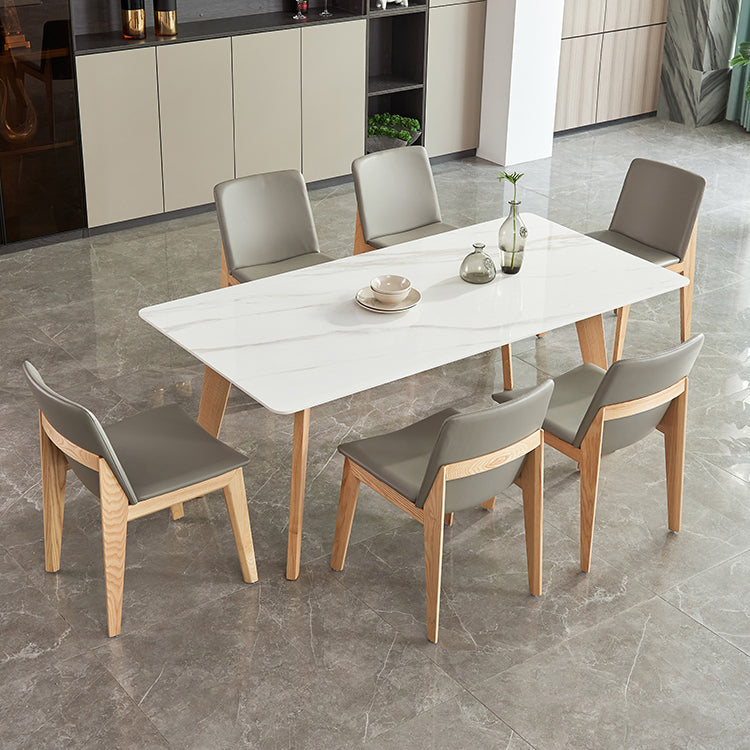 Rectangle Contemporary Dining Room Table White Sintered Stone Table with Ash Solid Wood Base