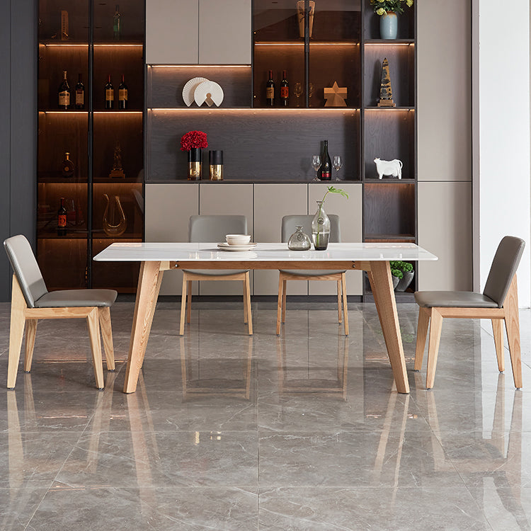 Rectangle Contemporary Dining Room Table White Sintered Stone Table with Ash Solid Wood Base