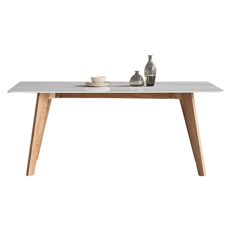 Rectangle Contemporary Dining Room Table White Sintered Stone Table with Ash Solid Wood Base