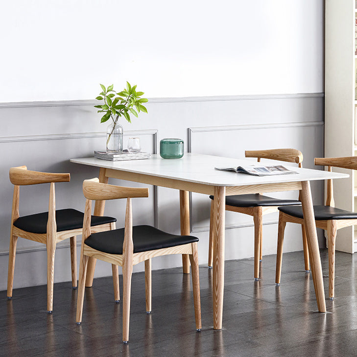 Mesa de comedor contemporánea rectángulo Mesa de piedra sinterizada blanca con base de madera maciza de cenizas