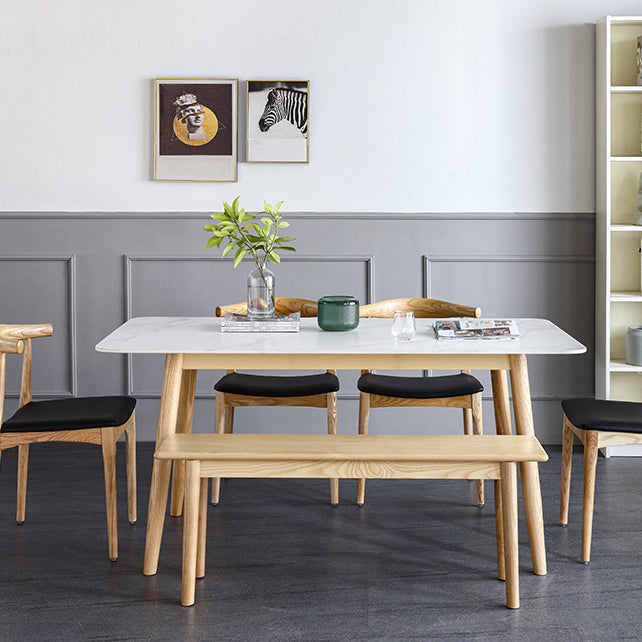 Mesa de comedor contemporánea rectángulo Mesa de piedra sinterizada blanca con base de madera maciza de cenizas