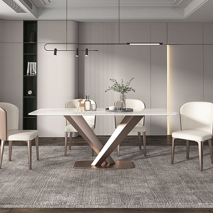 Traditional Luxury Dining Table Rectangle Sintered Stone Pedestal Table with Rose Gold Frame