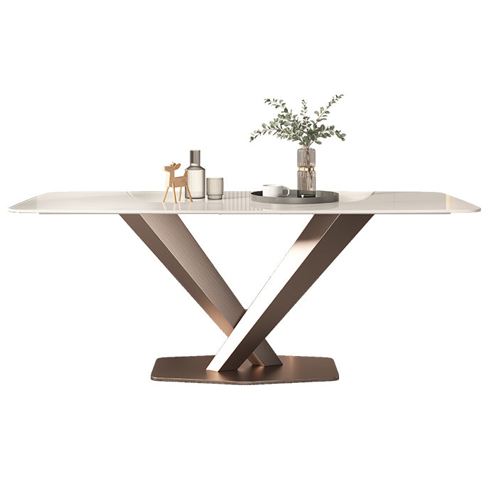 Traditional Luxury Dining Table Rectangle Sintered Stone Pedestal Table with Rose Gold Frame