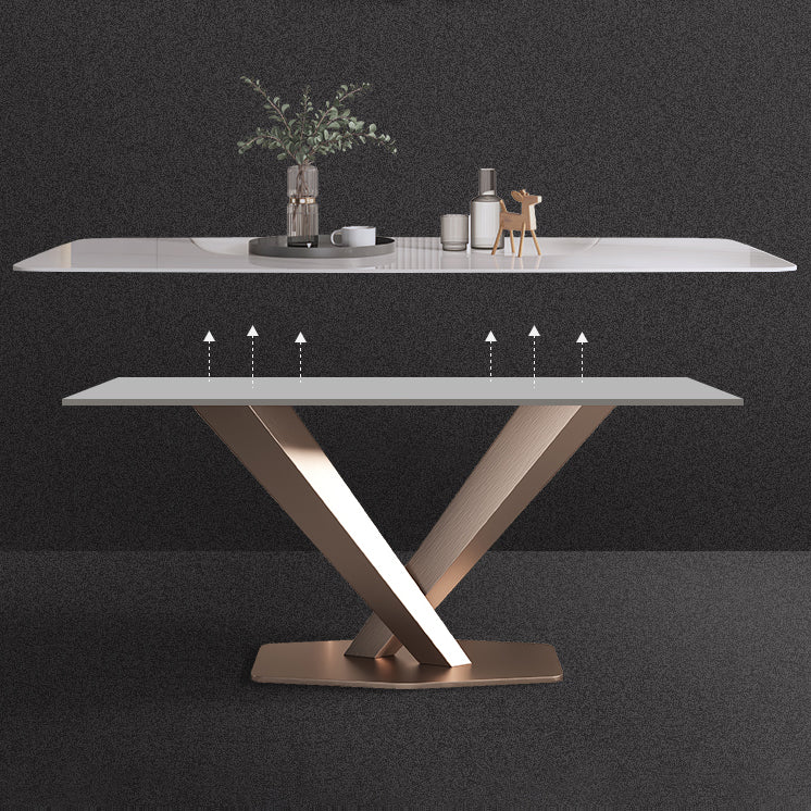 Traditional Luxury Dining Table Rectangle Sintered Stone Pedestal Table with Rose Gold Frame