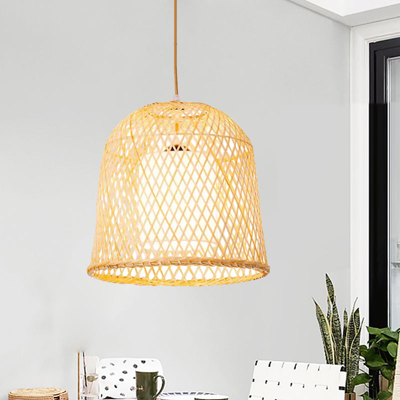 Bell Pendant Lighting Tradition Bamboo 1 Bulb Wood Hanging Lamp Kit with Inner White Fabric Shade