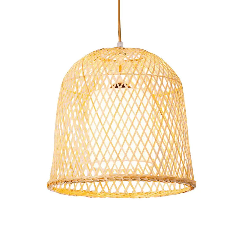 Bell Pendant Lighting Tradition Bamboo 1 Bulb Wood Hanging Lamp Kit with Inner White Fabric Shade