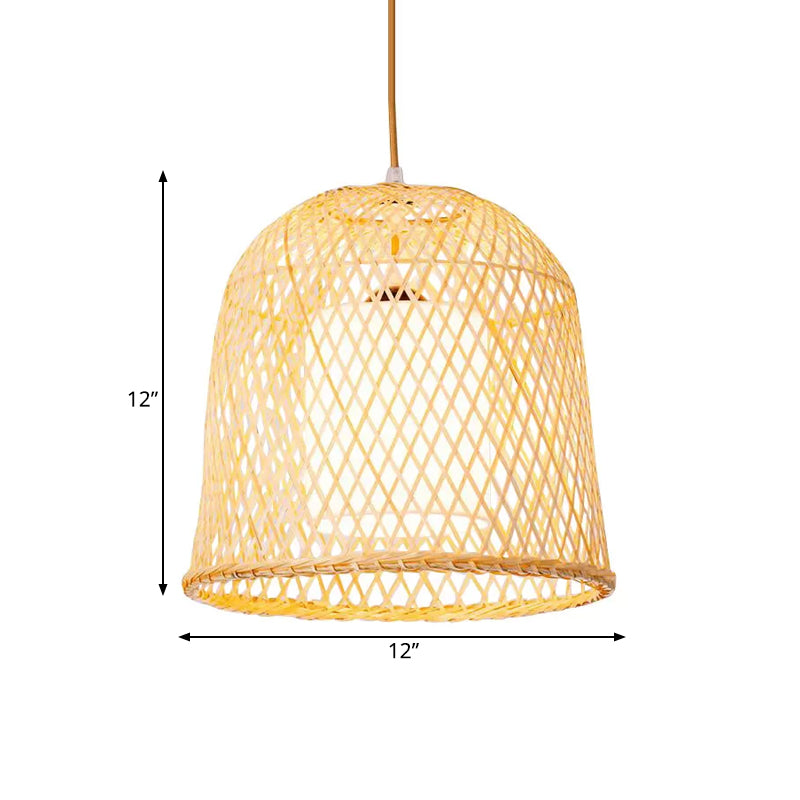Tradición de iluminación colgante de campana bambú 1 kit de lámpara colgante de madera de bulbo con sombra de tela blanca interna