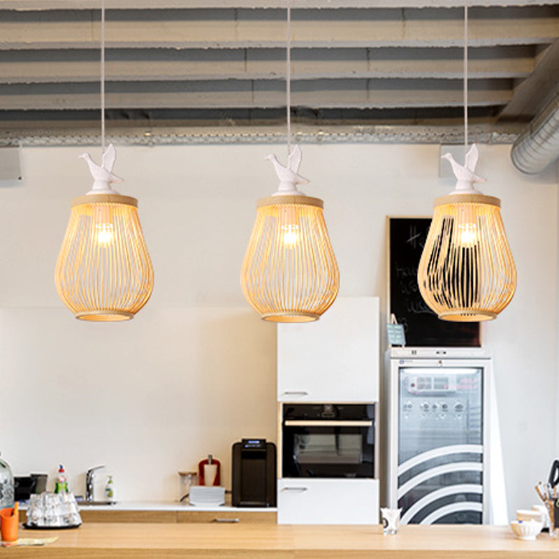 Wood Cage Hanging Lamp Modern 1 Head Bamboo Ceiling Pendant Light with White Bird