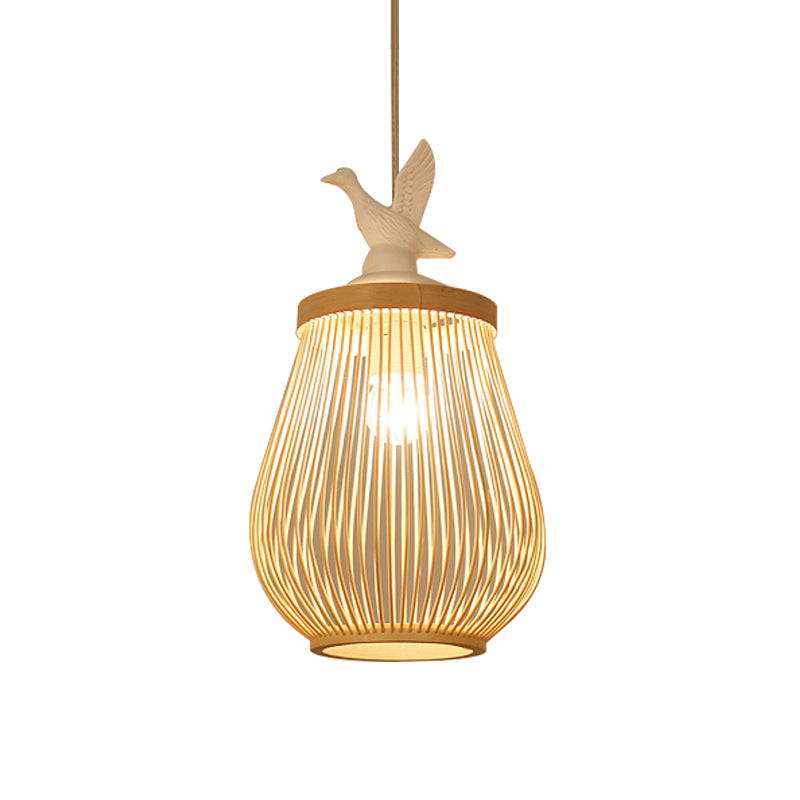 Wood Cage Hanging Lamp Modern 1 Head Bamboo Ceiling Pendant Light with White Bird