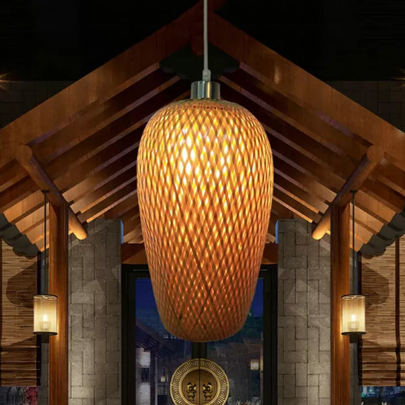 1 Bulb Restaurant Pendant Lighting Traditionary Wood Hanging Lamp Kit with Weave Bamboo Shade