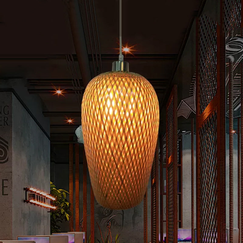 1 Bulb Restaurant Pendant Lighting Traditionary Wood Hanging Lamp Kit with Weave Bamboo Shade