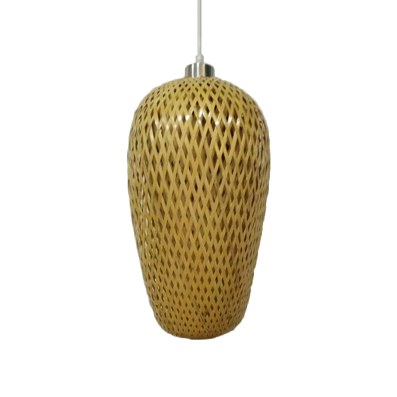 1 Bulb Restaurant Pendant Lighting Traditionary Wood Hanging Lamp Kit with Weave Bamboo Shade