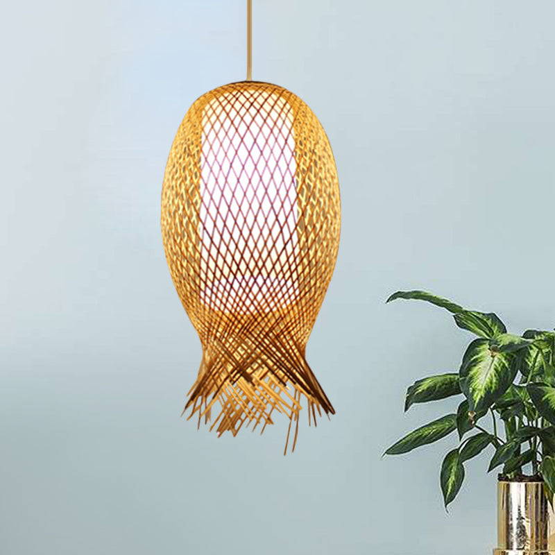 Barrel Suspension Pendant Retro Bamboo 1 Bulb Wood Hanging Light Kit with Inner Cylindrical White Shade