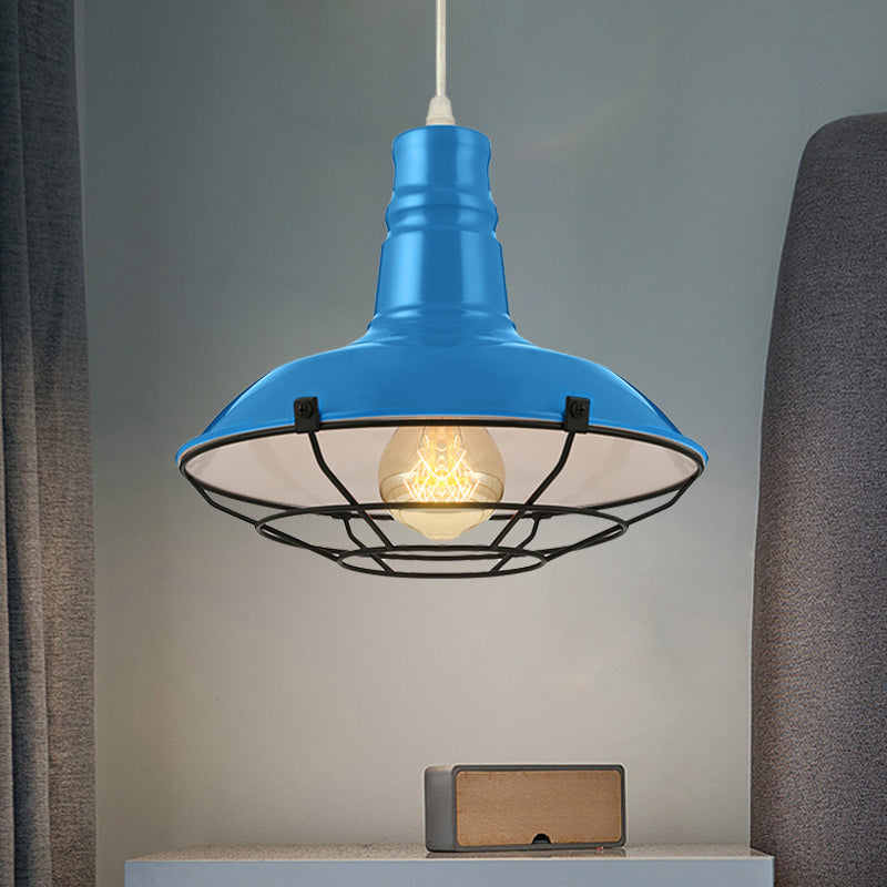 Tazón naranja/azul/verde luz colgante con protector de alambre metal industrial 1 Luz de comedor de comedor de luz, 10 "/14"/18 "Dia