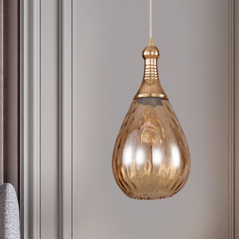 Vintage Teardrop Pendant Lighting 1 Bulb Height Adjustable Amber/Clear/Smoke Water Glass Shade Hanging Ceiling Light