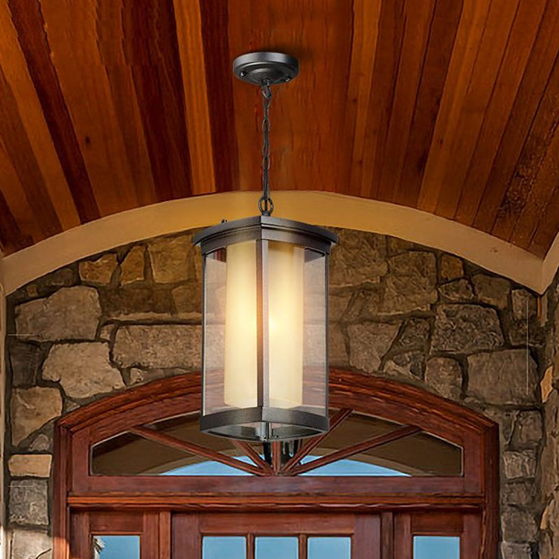 Luz colgante de rectángulo industrial Sombra de vidrio doble 1 luz colgante al aire libre en negro para el patio, 5 "/7"/8 "W