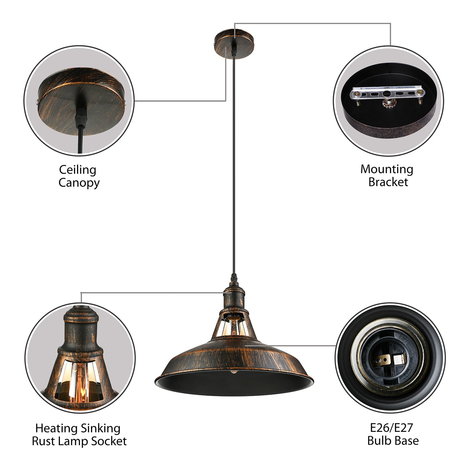Iluminación colgante de granero envejecida de estilo antiguo 1 Luz de techo de comedor ligero, 10.5 "/12"/15 "de diámetro
