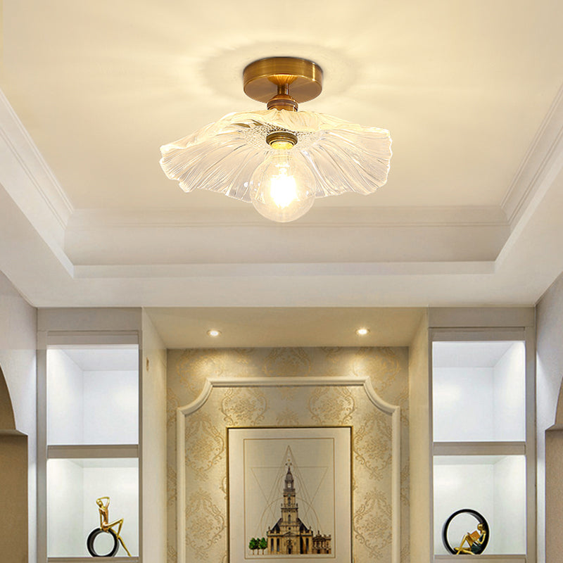 Modern Simple Lotus Shape Ceiling Lamp Copper 1 Light Ceiling Light with Glass Lampshade